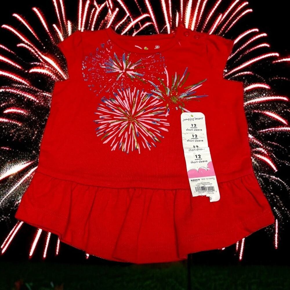 Jumping Beans Girls Top Sz 12 Mo Red Peplum Short Sleeve Fireworks Patriotic NEW
